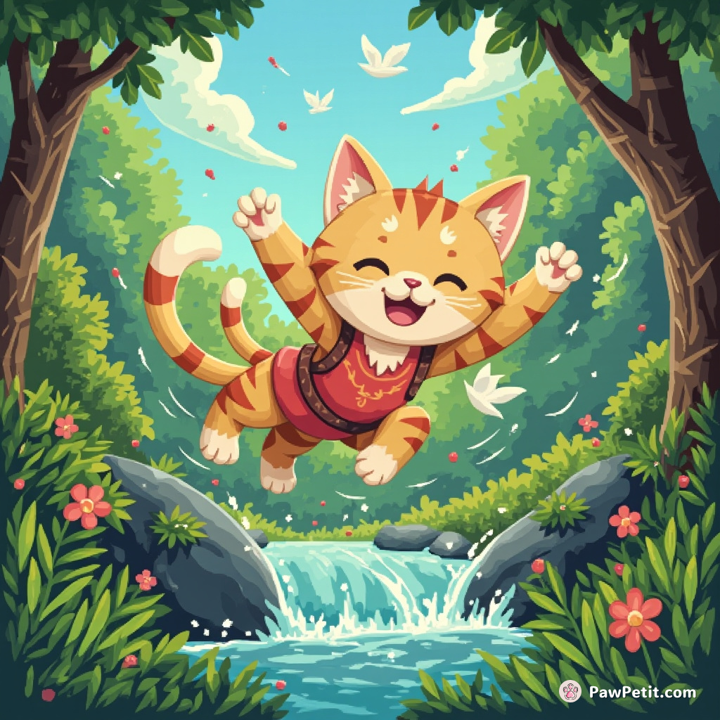 Unleashed among fluttering birds, the cat pole-vaults streamwards on fragrant pine needles, relishing the manic frenzy of wild exploration.