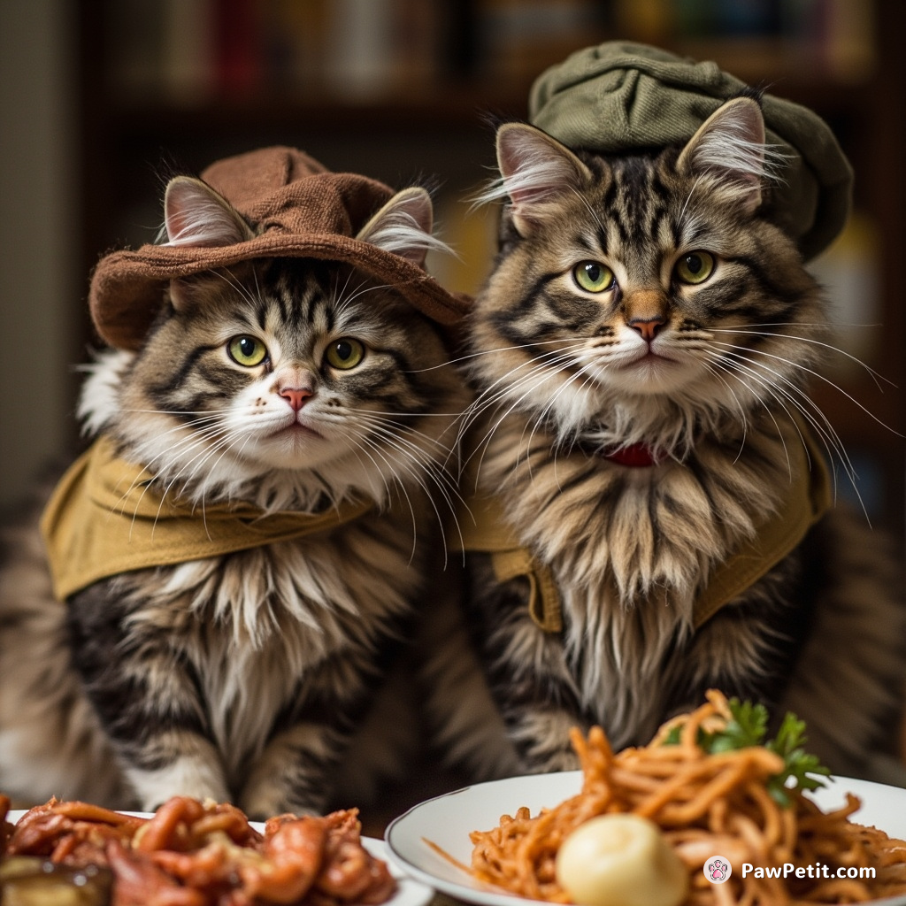 Cats stealthily donning human disguises, telepathically persuading humans to serve extra seafood during dinner.