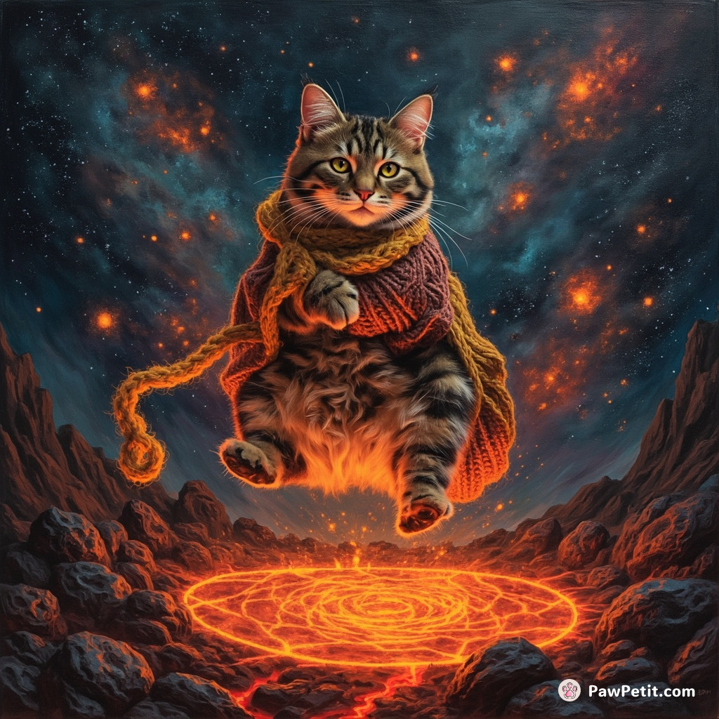 Cat levitating over a pond of lava while knitting a cosmic escape map using glowing neon wool.