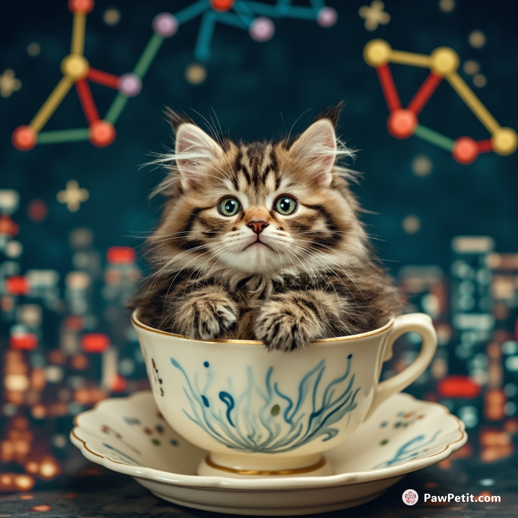 A cat sailing in a teacup through a starlit city with constellations made of yarn.