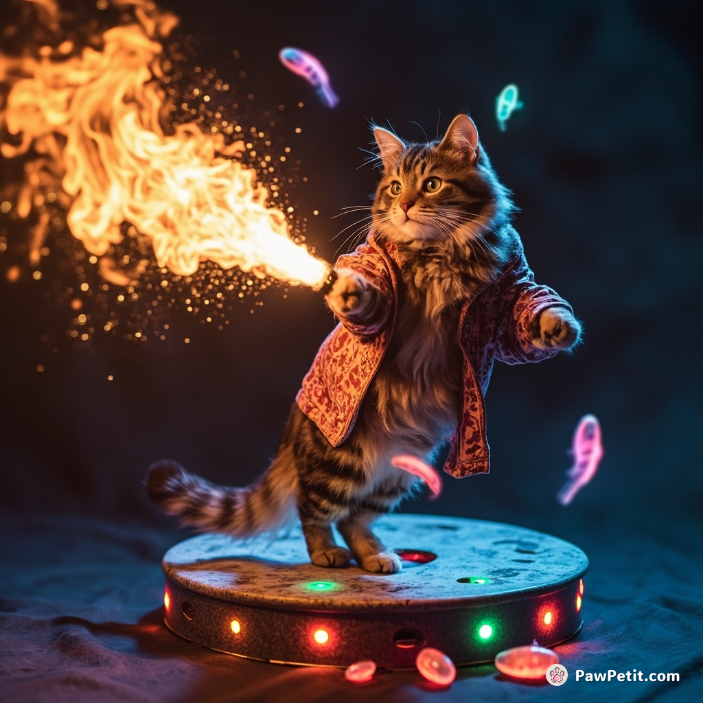 A fire-breathing Tabby cat preforming salsa dance on a moon-shaped disco platform while juggling neon glow fishes.