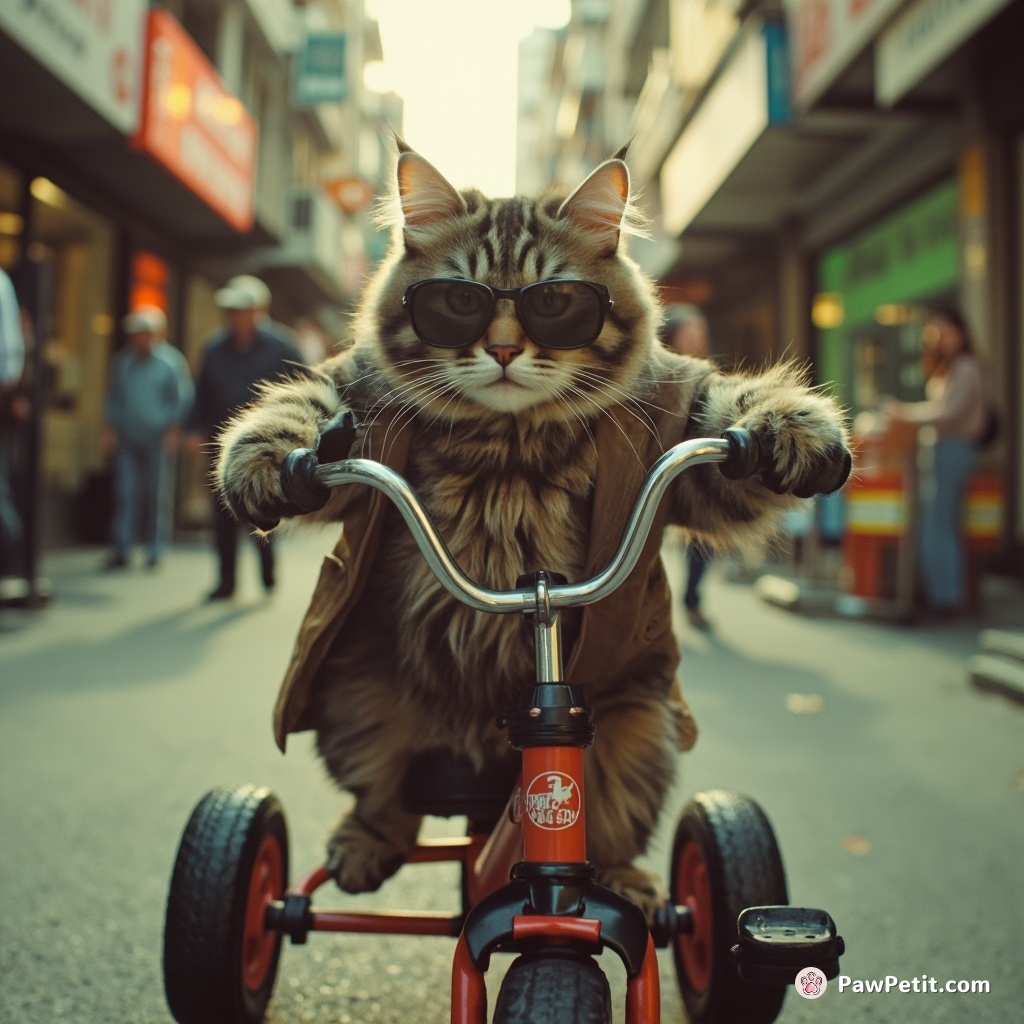 Sporting stolen sunglasses, the audacious cat boldly commandeered a child's tricycle, enroute to a fish market rendezvous.