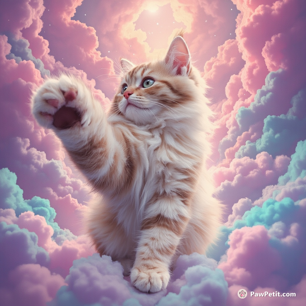 A multi-dimensional cat splitting reality with its enormous claw, revealing pastel-hued parallel universes.