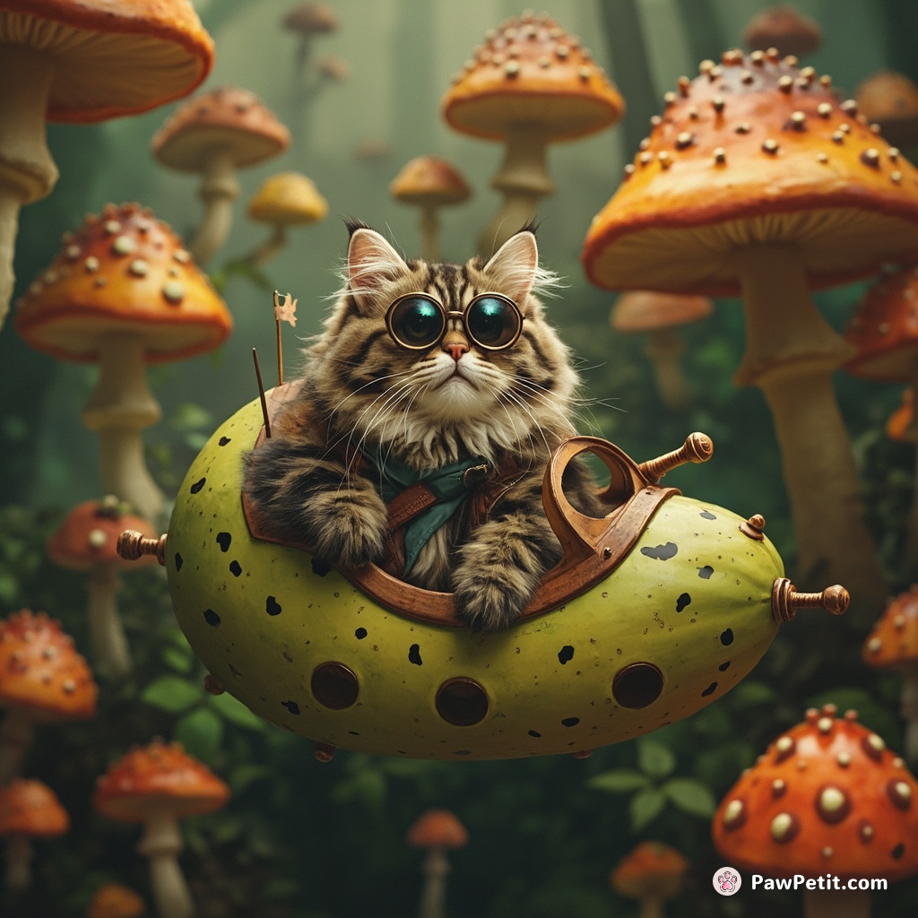 A mystical feline mariner piloting an avocado airship through dense mushroom foliage, eyes lit with brave determination.