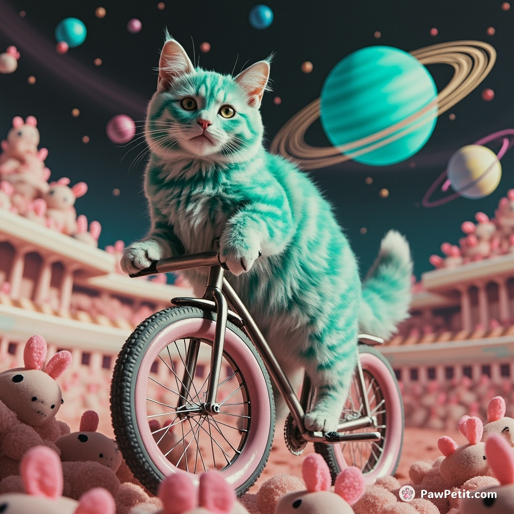 A turquoise tabby cat unicycling along the rings of Saturn, hopping over gladiator arenas filled with bunny-mice.