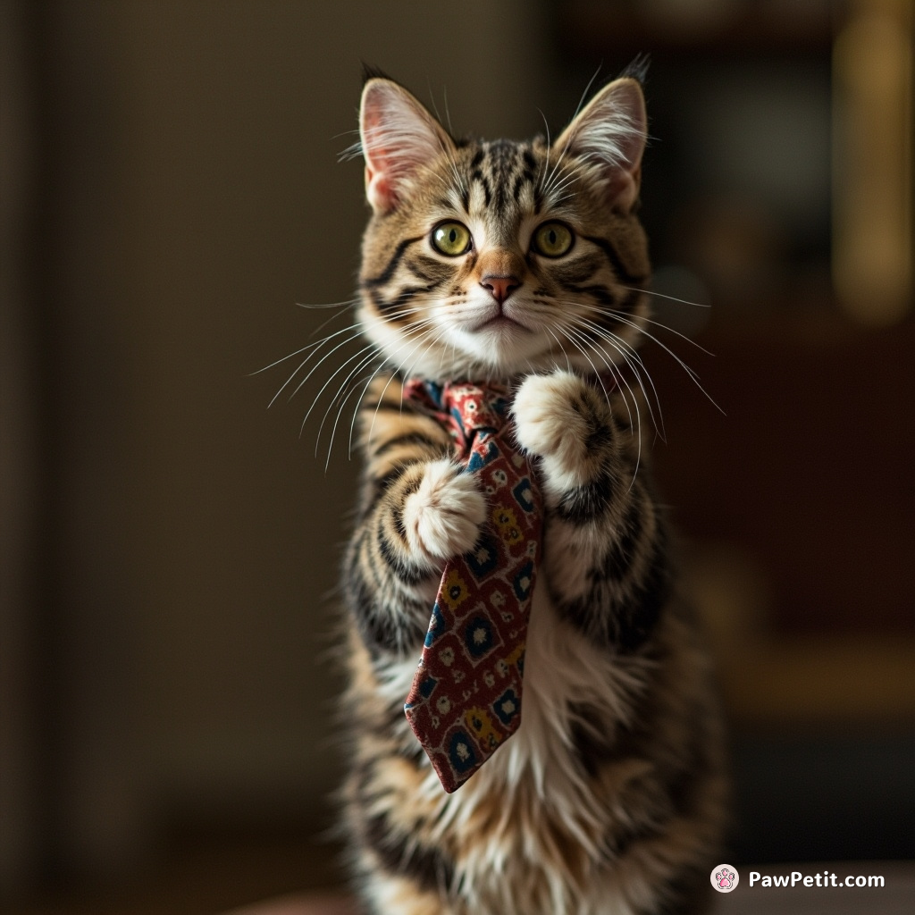 The cat meticulously practiced standing upright, adjusting a necktie with its dainty paws every morning.