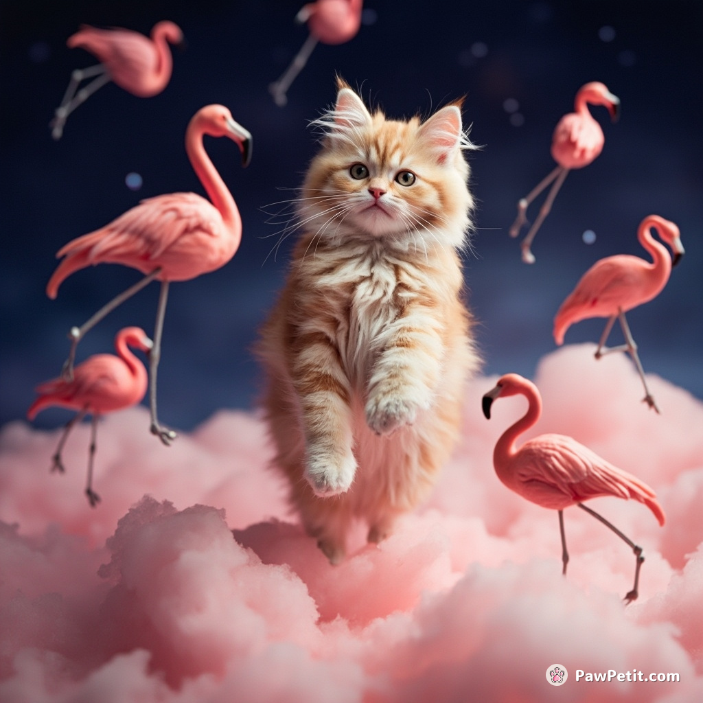 A neon-coloured cat juggling flamboyant flamingos while bouncing on a marshmallow cloud in outer space.