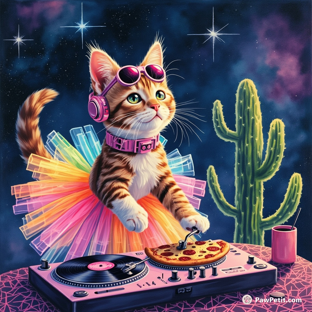 A Club DJ cat in a glowing rainbow tutu, spinning pizza-shaped vinyls under the neon galaxy sky next to a sparkling cactus.