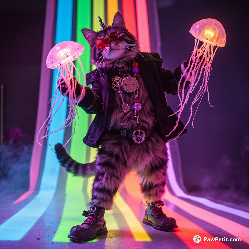 A steampunk cat dancing moonwalk on a disco light rainbow, holding a neon jellyfish that's beating with electronic beats.