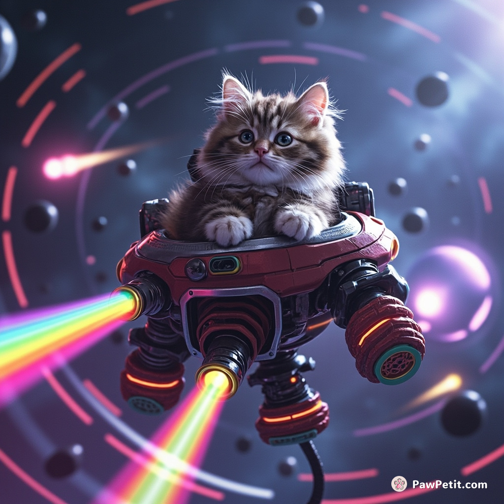 A fluffy cat, paws darting, pilots a swirling alien mech, firing rainbow lasers at rogue asteroids.