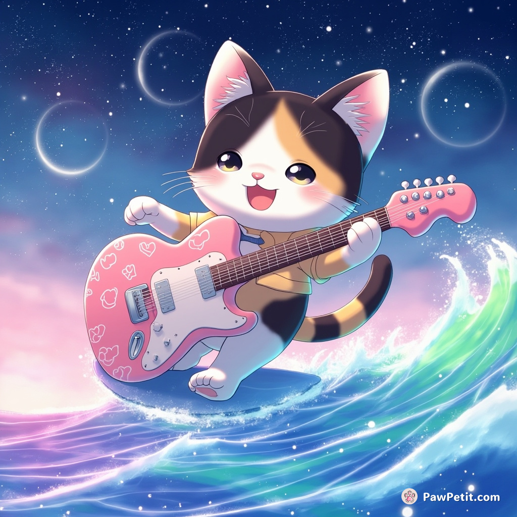 A calico cat playing a jellyfish-shaped guitar while surfing on a rainbow wave under smiling starry sky.