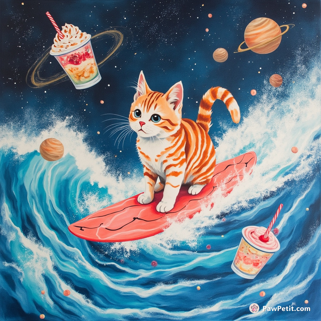 A fluorescent cat zipping through galactic waves on flamingo-shaped surfboard with planet-sized milkshakes floating around.
