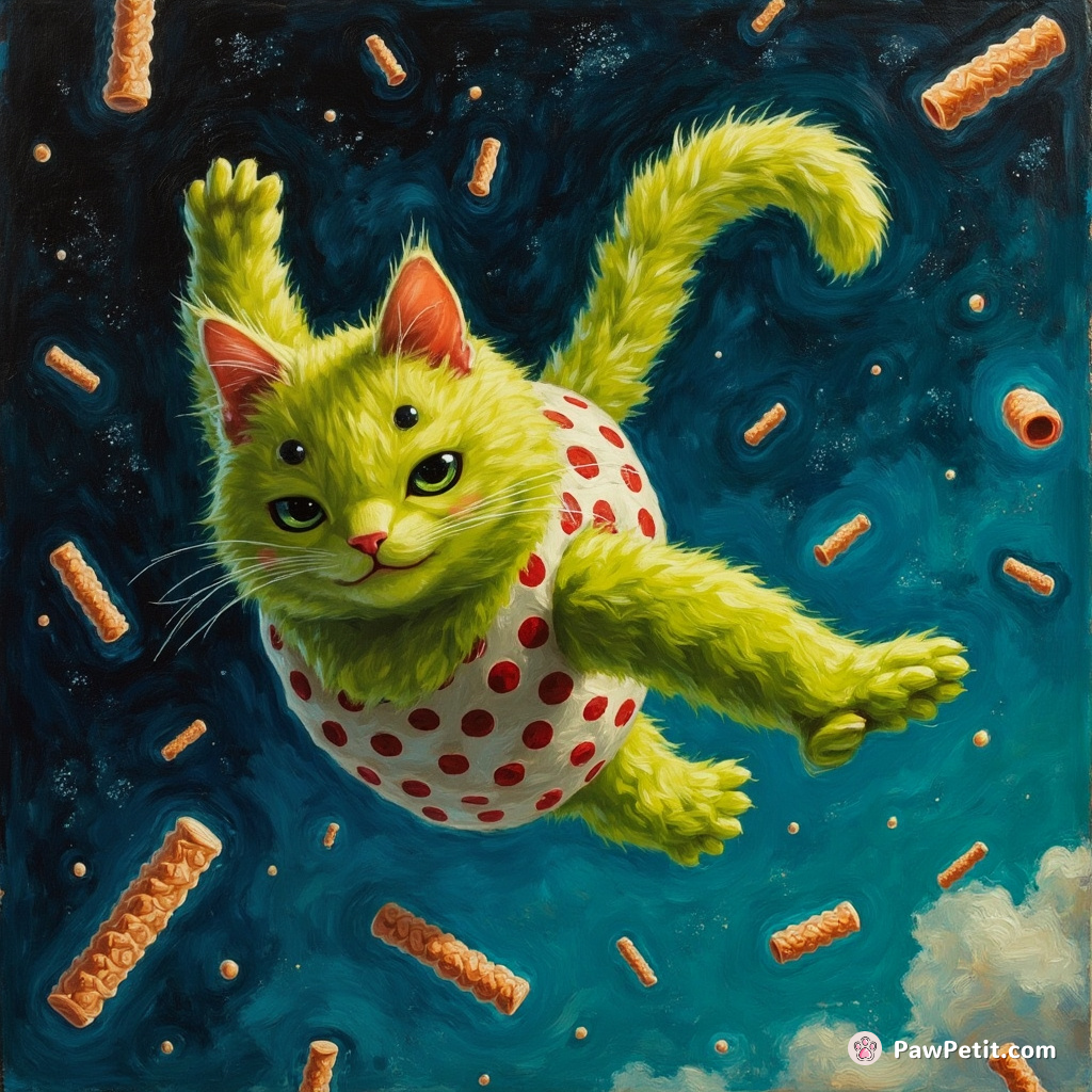 A neon green, three-tailed cat skydiving in a polka-dot jumpsuit among meteors made of fishsticks.