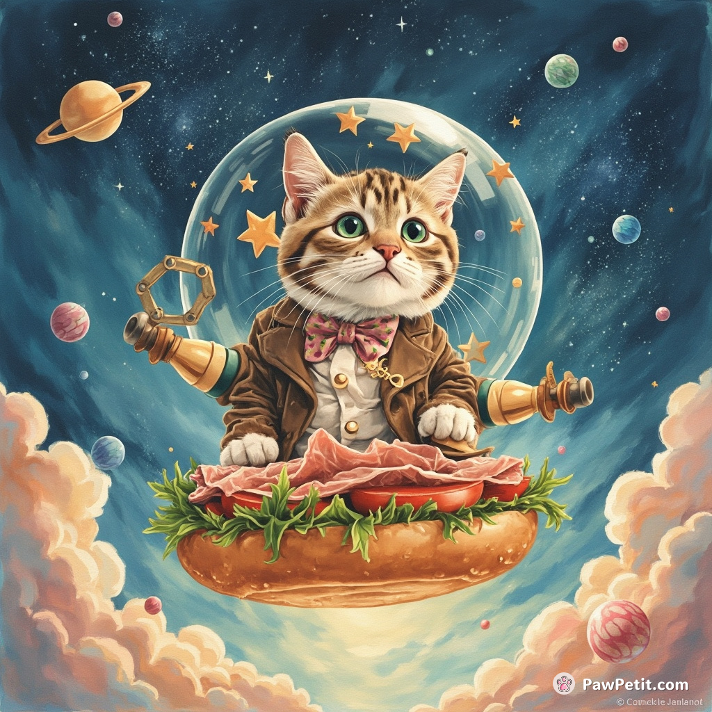 Cat hosting an intergalactic Illusionists Contest on a hovering tuna sandwich in inverted gravity.