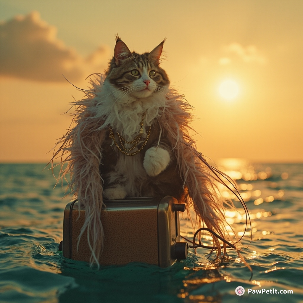 A Victorian era cat diva, wrapped in ridiculously large plumage, singing opera on top of an unplugged toaster mid-ocean during sunset.