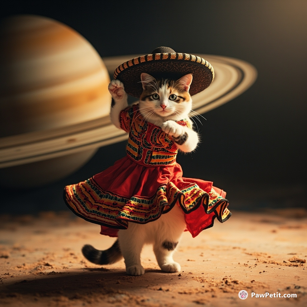 A calico cat salsa dancing on the surface of Saturn, wearing bolero dress and sombrero.