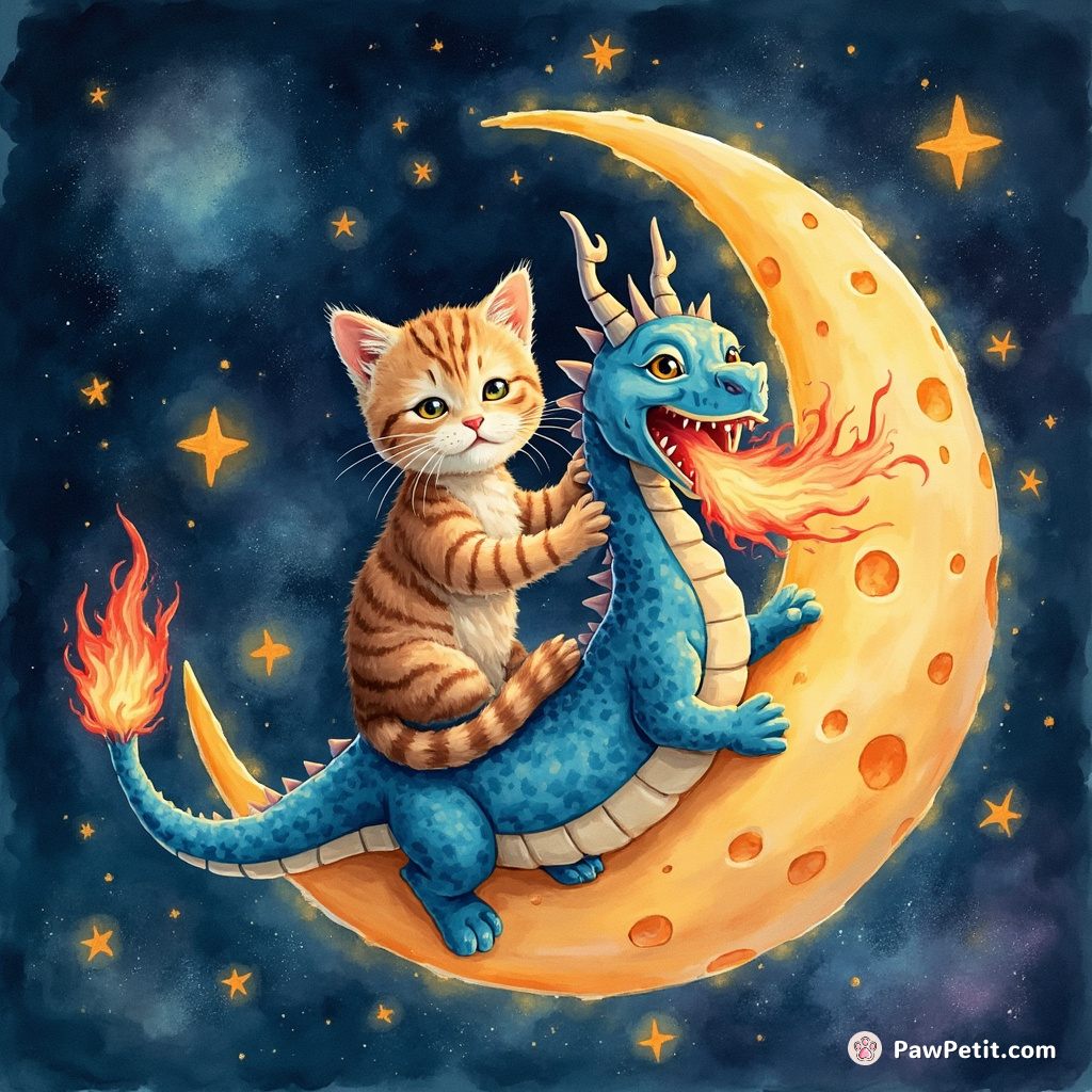 Cat graciously taming a blue fire-breathing dragon while floating on cheese moon in neon-lit space.