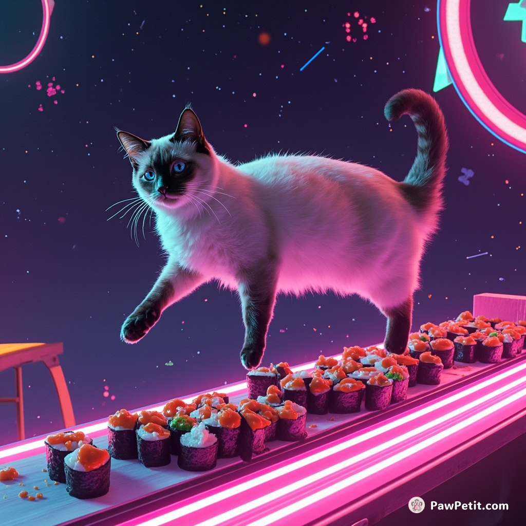 A Siamese cat practicing levitation over a neon sushi conveyor belt in zero gravity.
