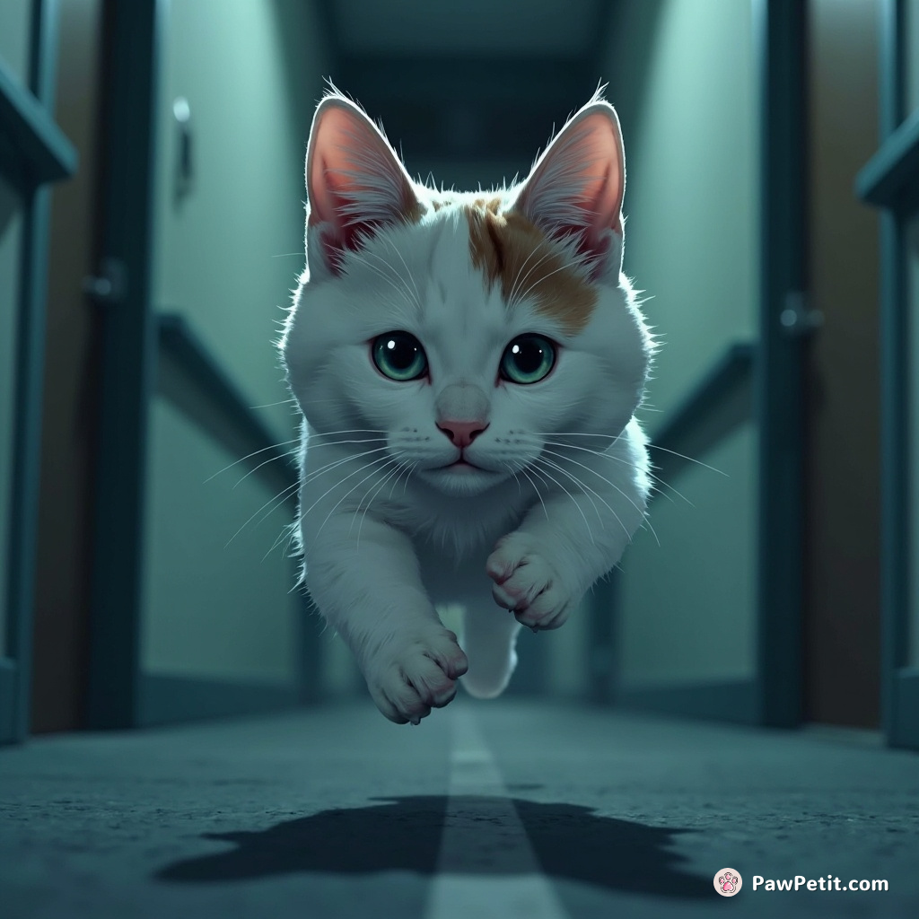 In a parallel reality, a cat reckons it can outrun humans, practicing a perfect marathon sprint in the hall nightly.