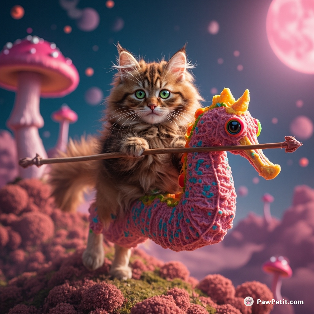 A red tabby cat riding a neon seahorse through a mushroom forest in Venus, jousting with rainbow lasagna.