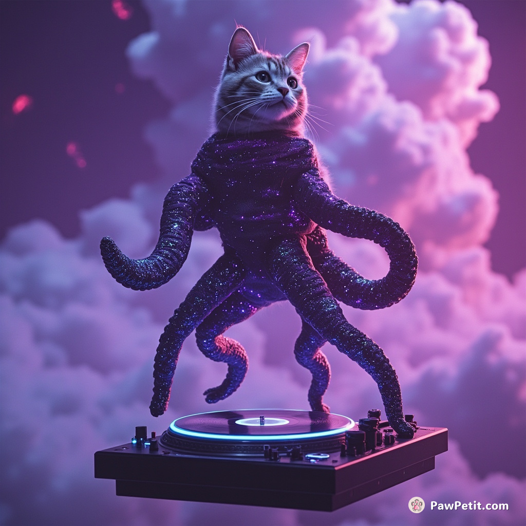 Cybernetic octopus-legged cat spinning neon galaxy-thread while dancing on a floating spaceship DJ turntable in the purple cloudscape.
