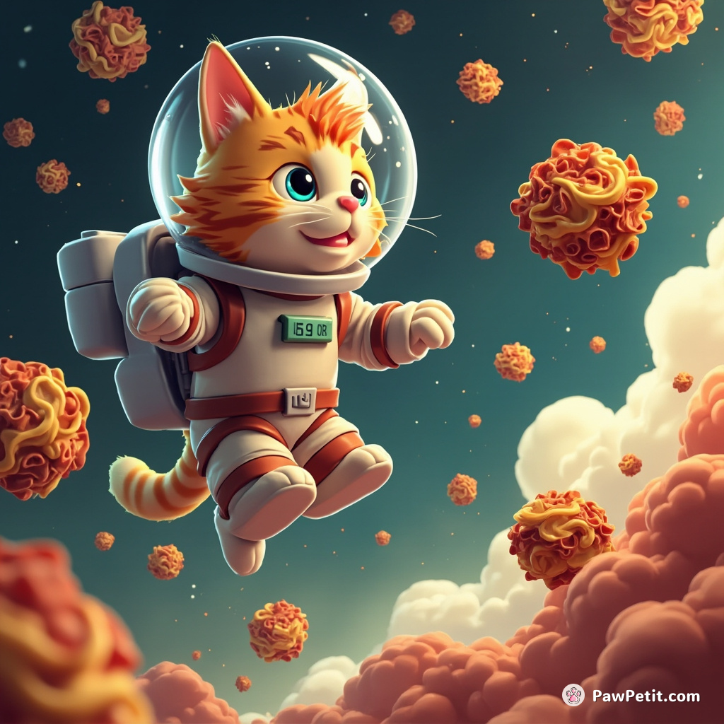Flying cat, dressed as astronaut, looking perplexed at globs of floating lasagna in zero gravity.