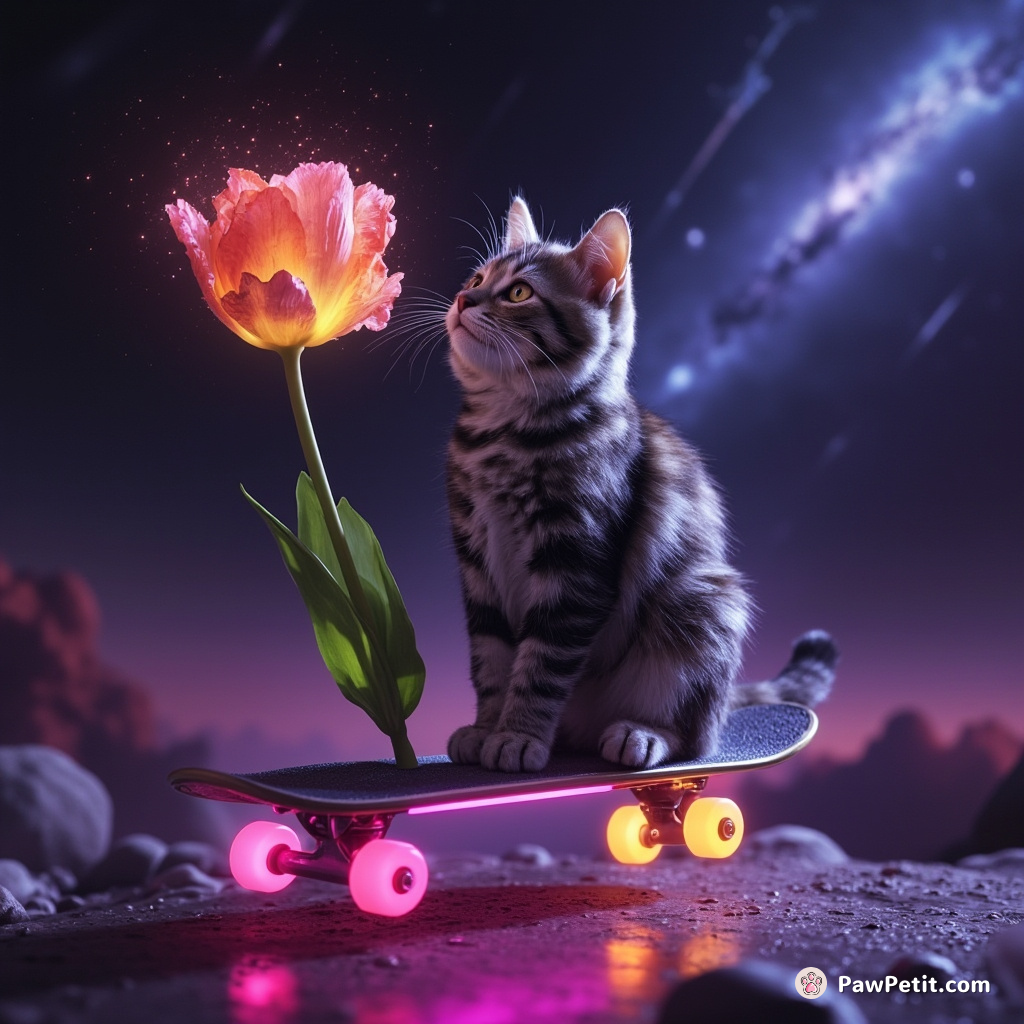 Cat sipping interstellar nectar from an alien tulip, balancing on a multicolor neon skateboard amidst meteor shower.