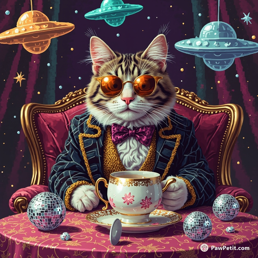 An elegant aristocratic cat hosting a lavish UFO-themed tea party for mirrorballs.
