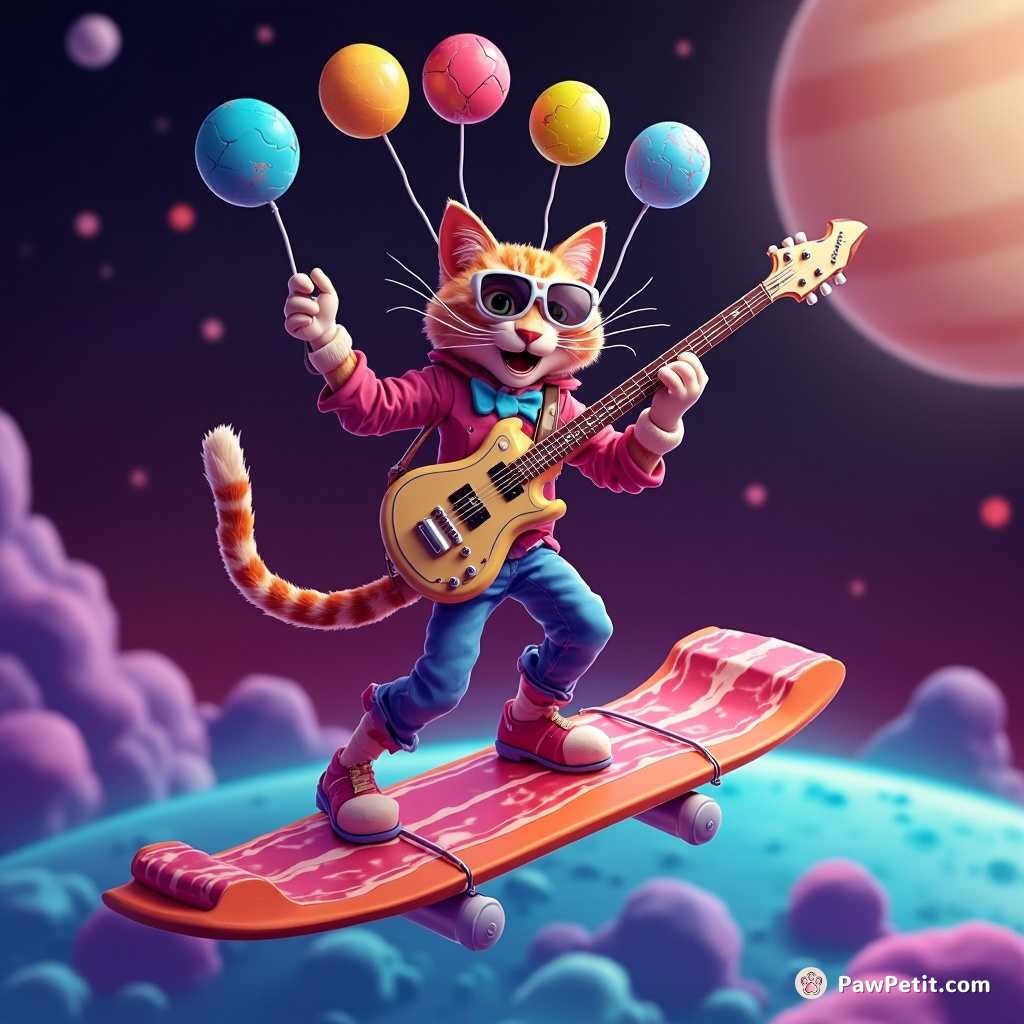 Cat juggler in a punk rock band, playing neon-glow guitars while surfing on bacon in space.