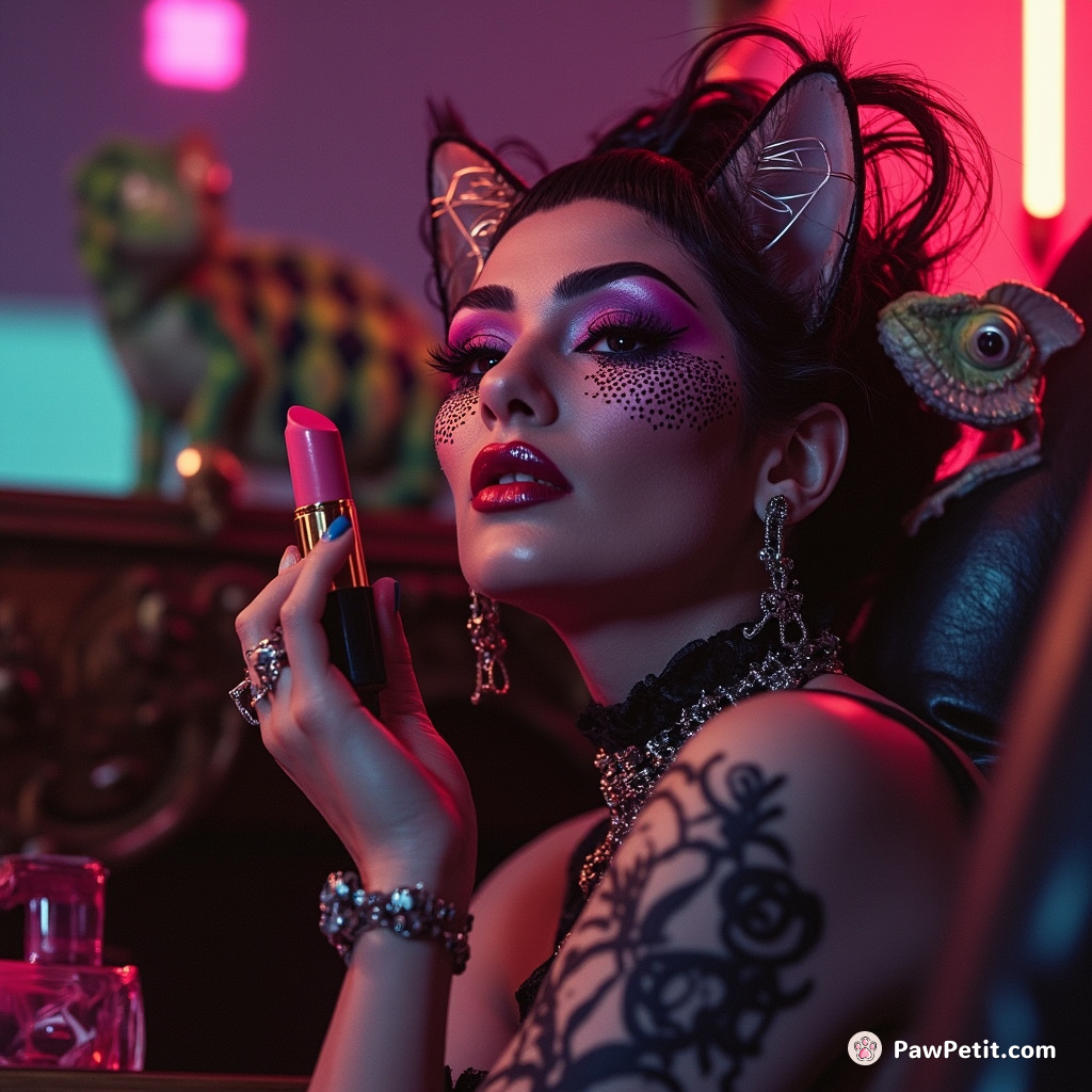 A glamorous diva cat applying lipstick in her vintage boudoir, surrounded by adoring chameleon fans.