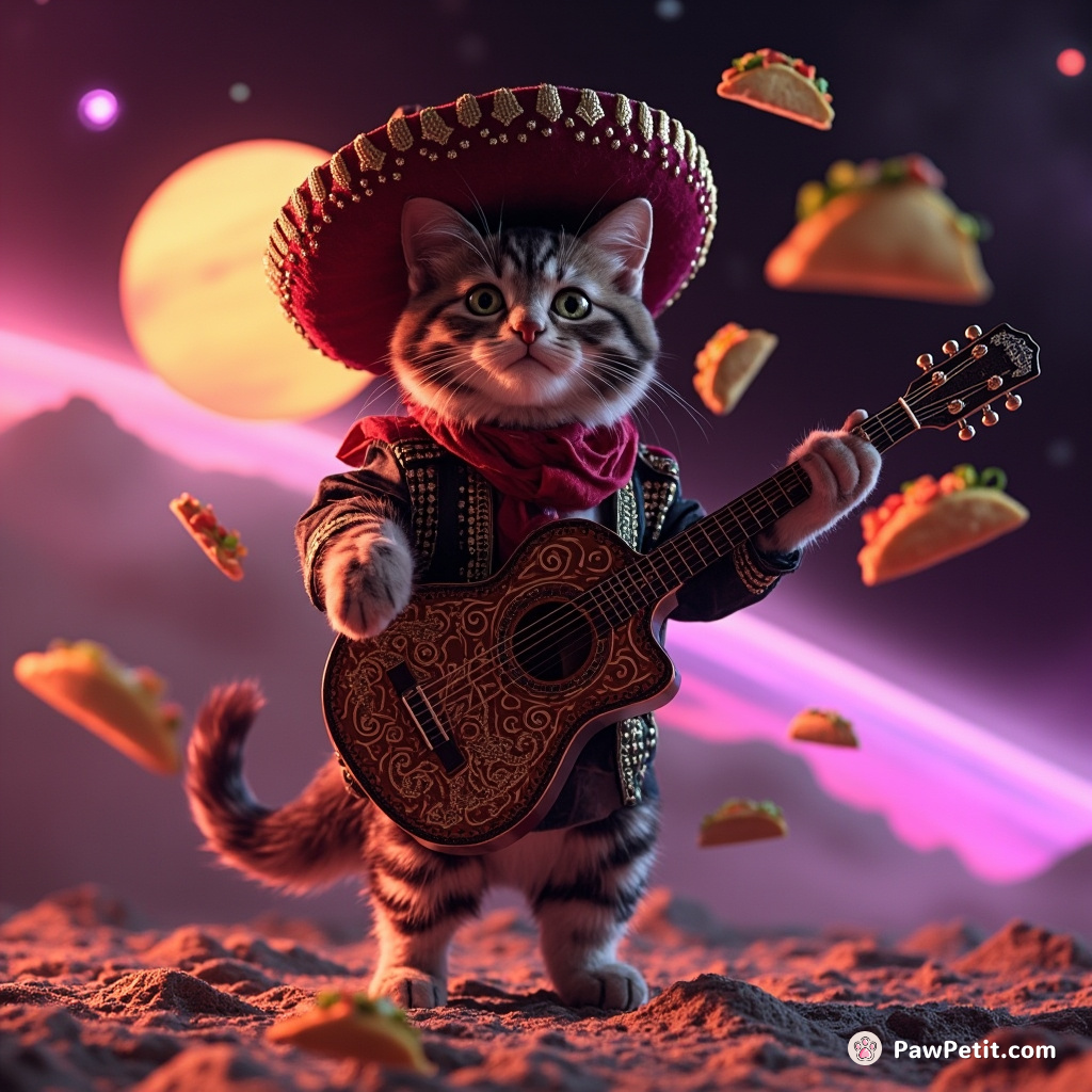 A salsa-dancing cat wearing an embroidered velvet sombrero on a neon-colored Jupiter, juggling quesadillas with one paw while serenading floating space-tacos with a bejeweled acoustic guitar using other paw.