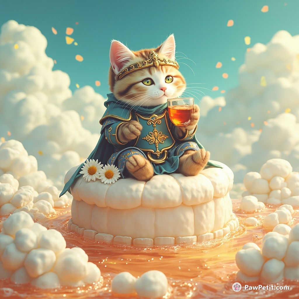 A medieval knight cat delicately sipping chamomile tea atop a floating marshmallow island in an sea of sparkling soda.
