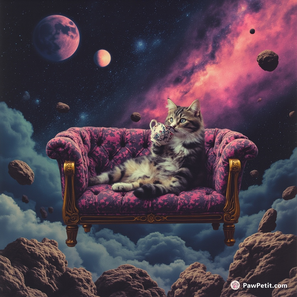 A cat sipping nebulae tea from an antique, galaxy-patterned teapot on a floating Victorian couch amidst an asteroid field.
