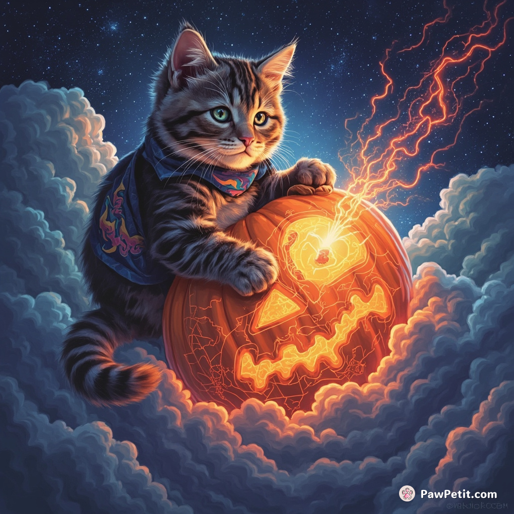 A cat tattooing a cosmic map onto a pulsing, glowing pumpkin while riding a neon-tinged storm cloud.
