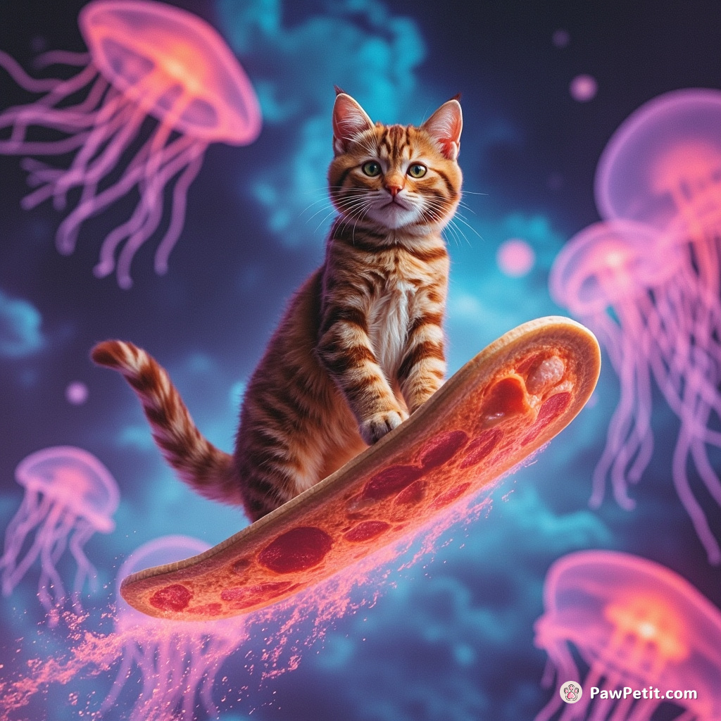 A neon orange tabby cat surfing on a flying slice of pizza through an iridescent jellyfish nebula.