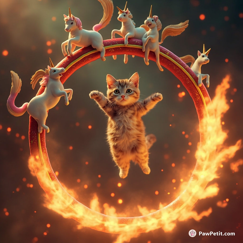 Cat leaping through flaming rings, balancing unicorns on its tail in a surrealist cosmic circus.