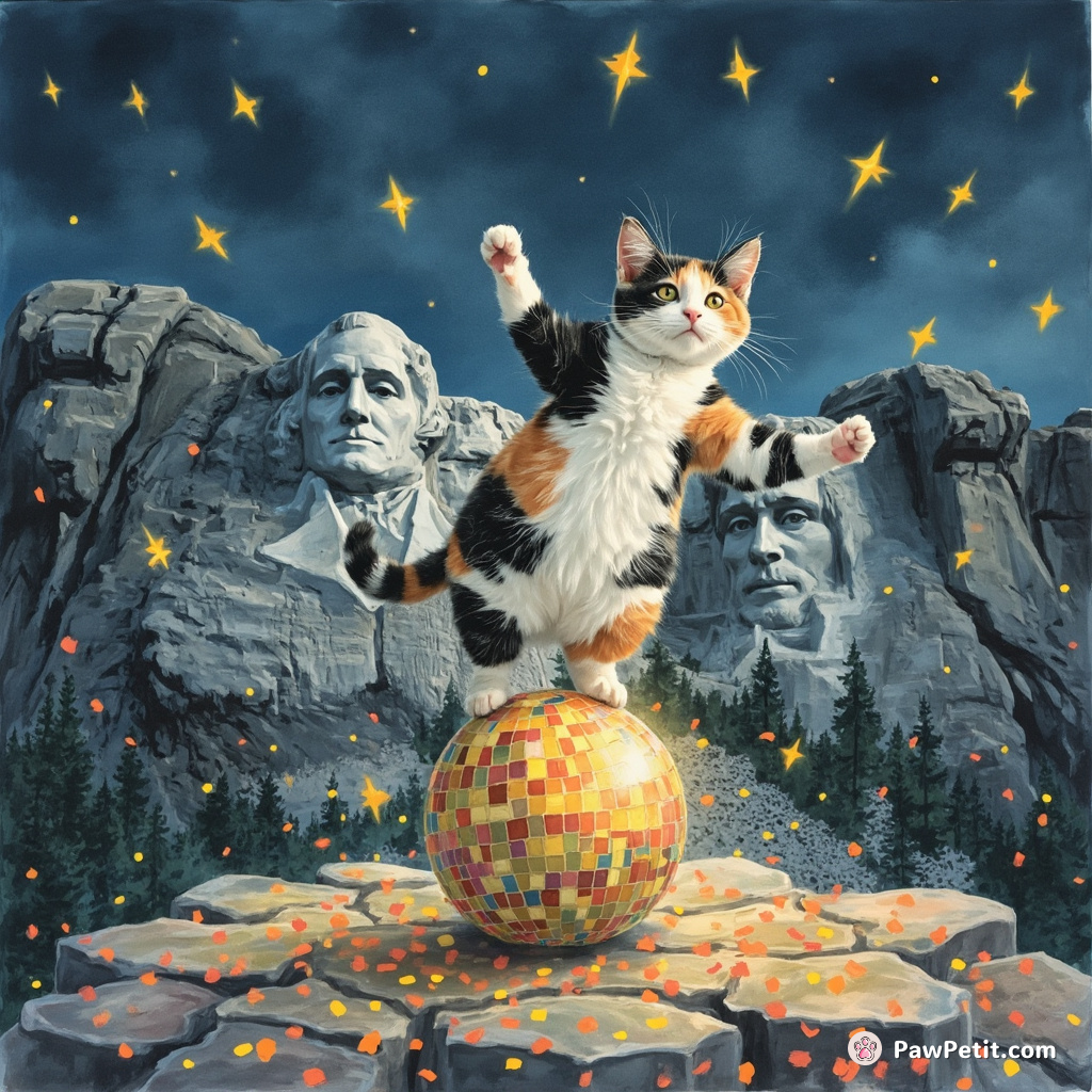 A chonky calico cat breakdancing on a disco ball atop Mount Rushmore, surrounded by fireflies synchronizing their light to the beat of the music under a confetti rain.