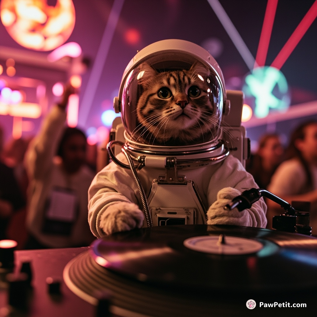 Steampunk astronaut cat spinning vinyl records at a futuristic Martian disco festival.