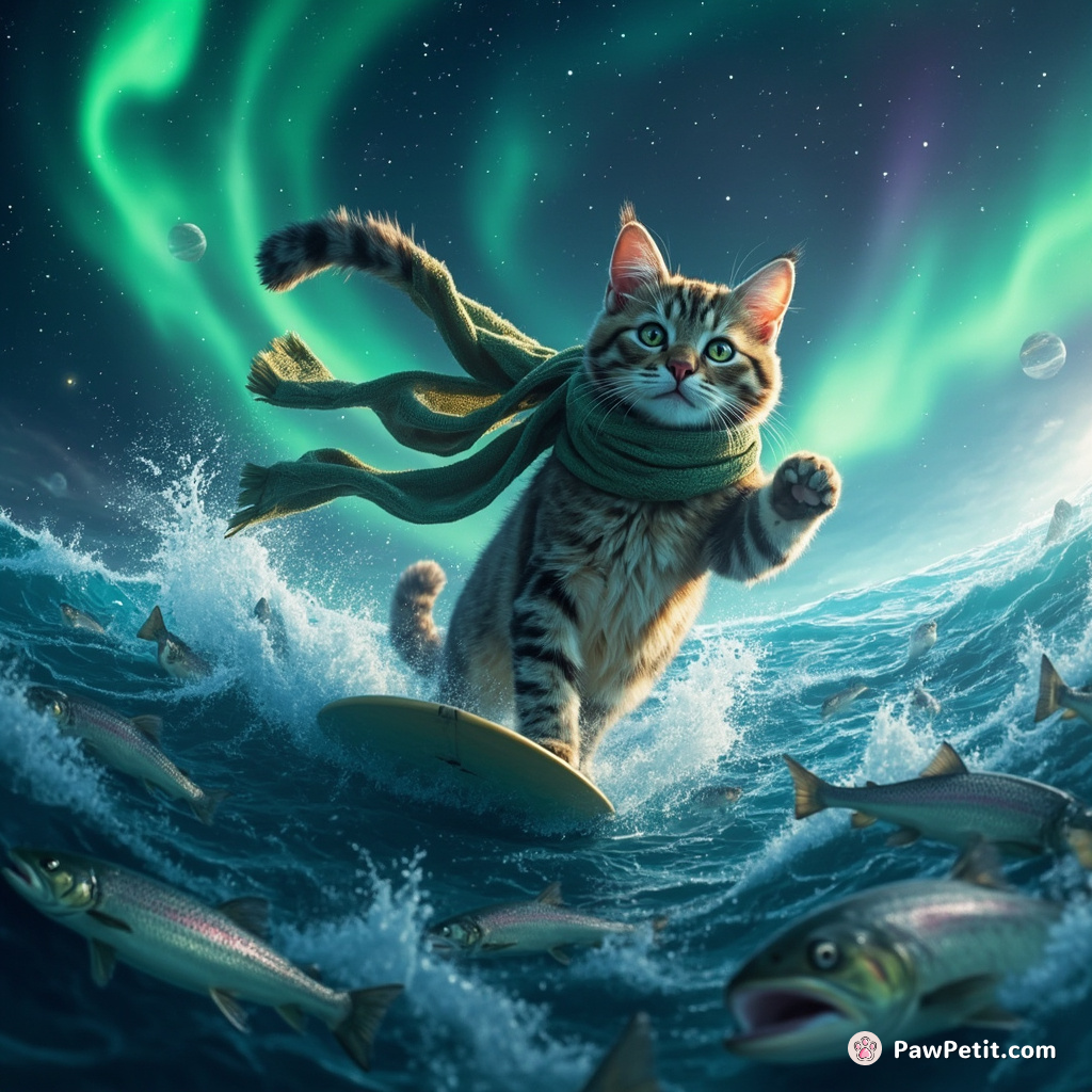 Giant cat surfing through a sea of trout in outer space with the aurora borealis as its scarf.