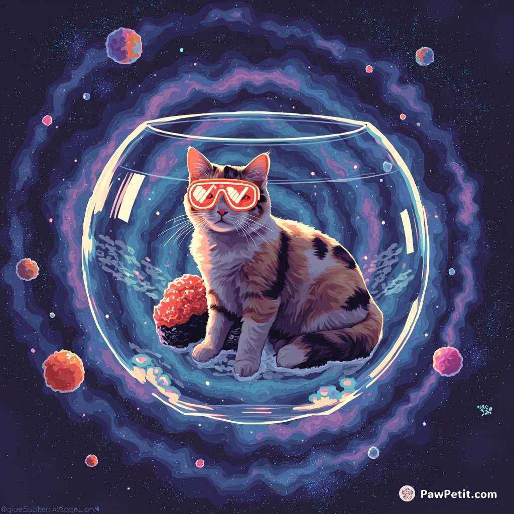 A calico cat wearing glowing crystalline goggles, serenely floating on an ethereal sushi roll through a swirling galaxy shaped like a giant fish bowl.