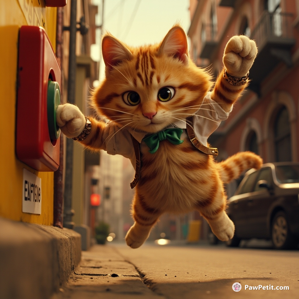 Renowned feline inadvertently hits red emergency button with spirited leap, unexpectedly saving a town from near-disastrous power outage.