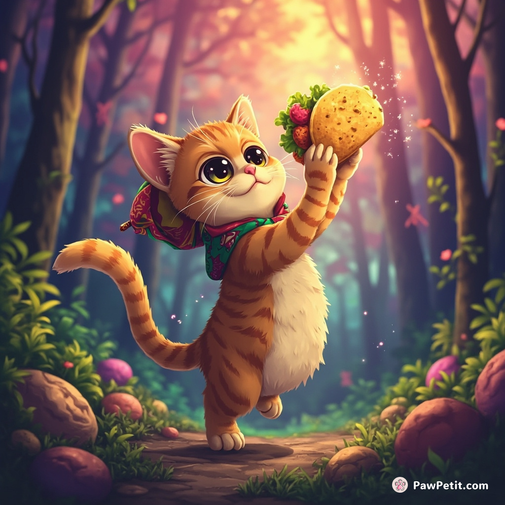 Alien cat levitating a chimichanga with telekinetic powers in a Technicolor forest.