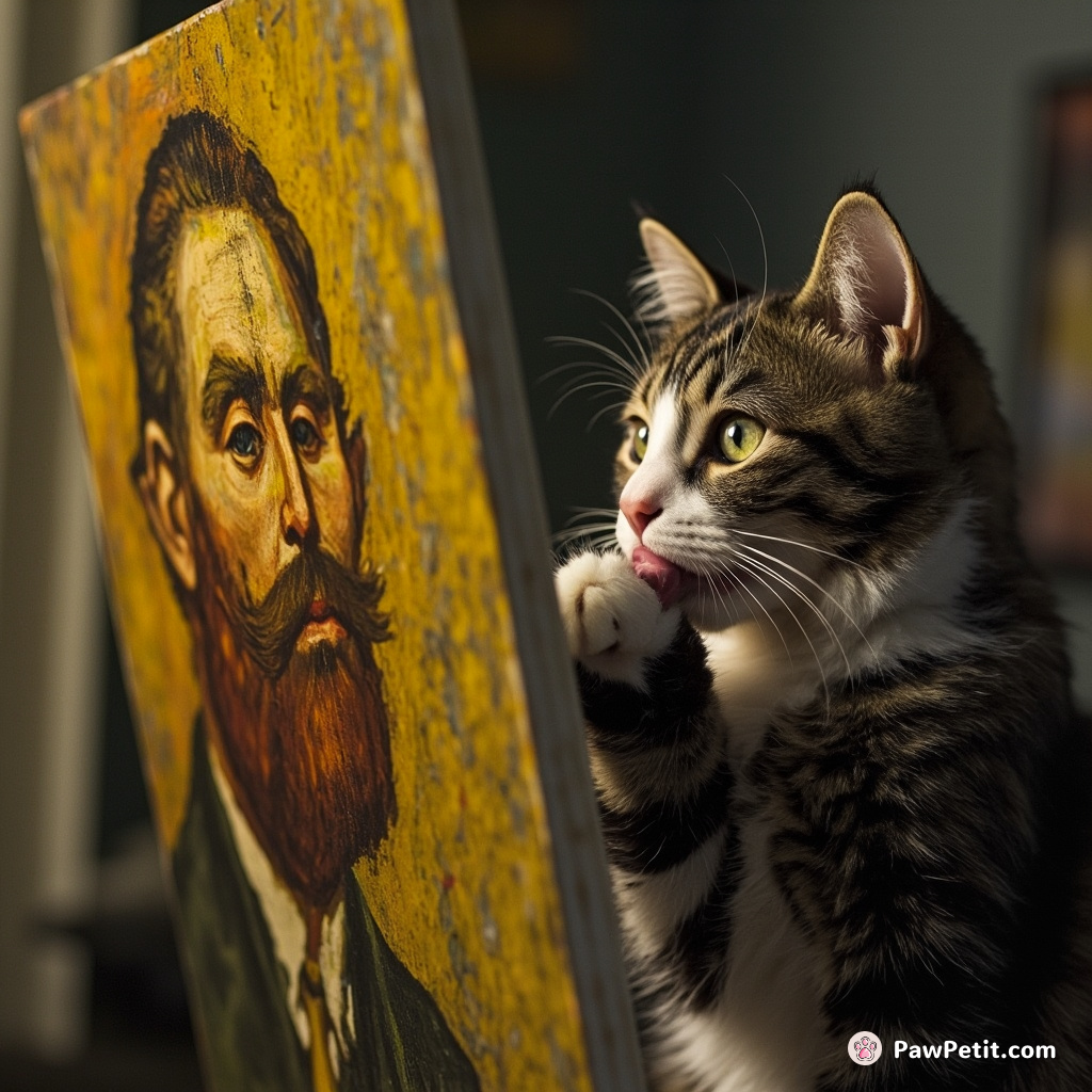 Cat insists on painting portraits ala Van Gogh, frivolously licking its paw as stand-in for a missing gallant artist's stubble.