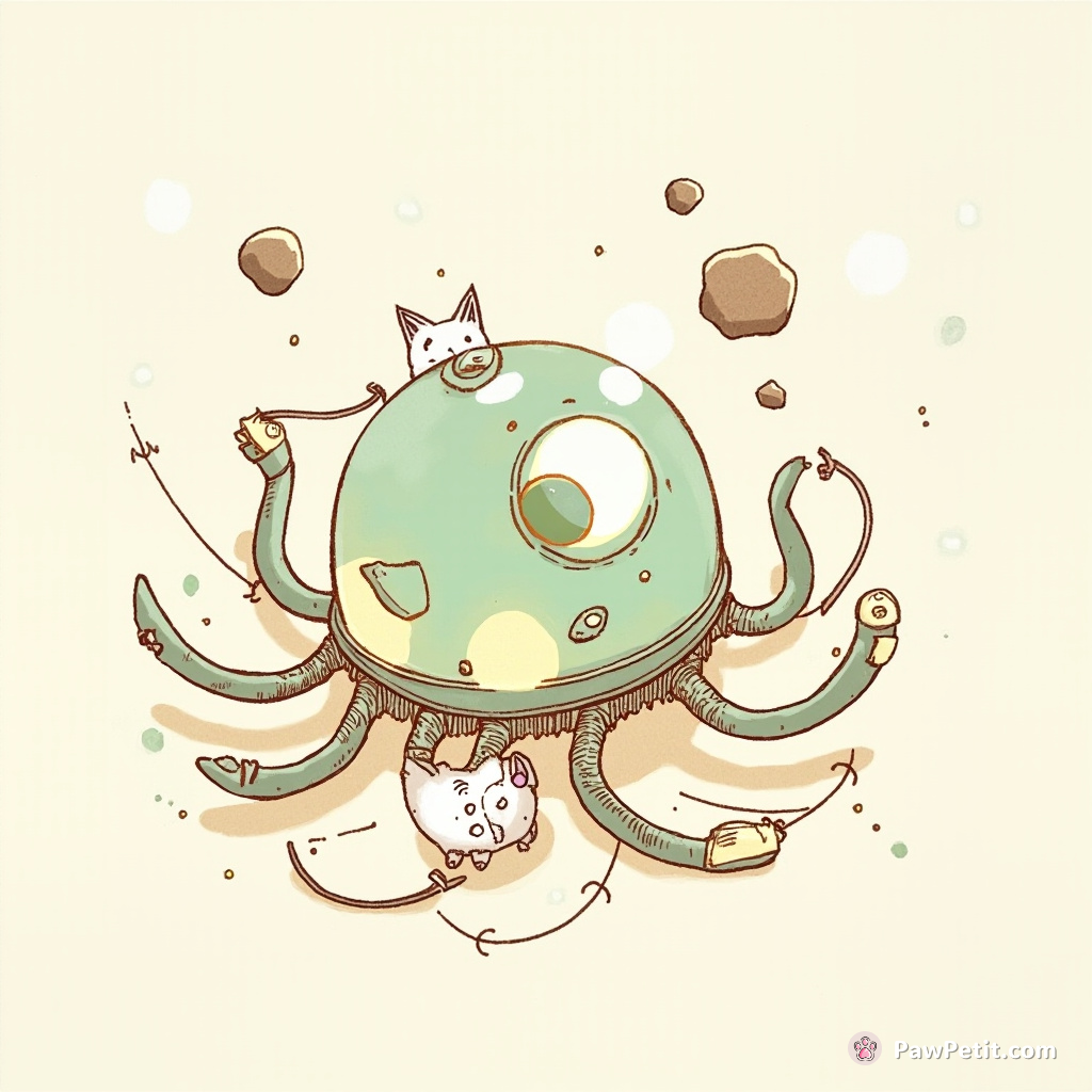 Circuits humming, a tabby with jade eyes manipulated six-tentacled machinery, teleportation tails knocking aside asteroids.