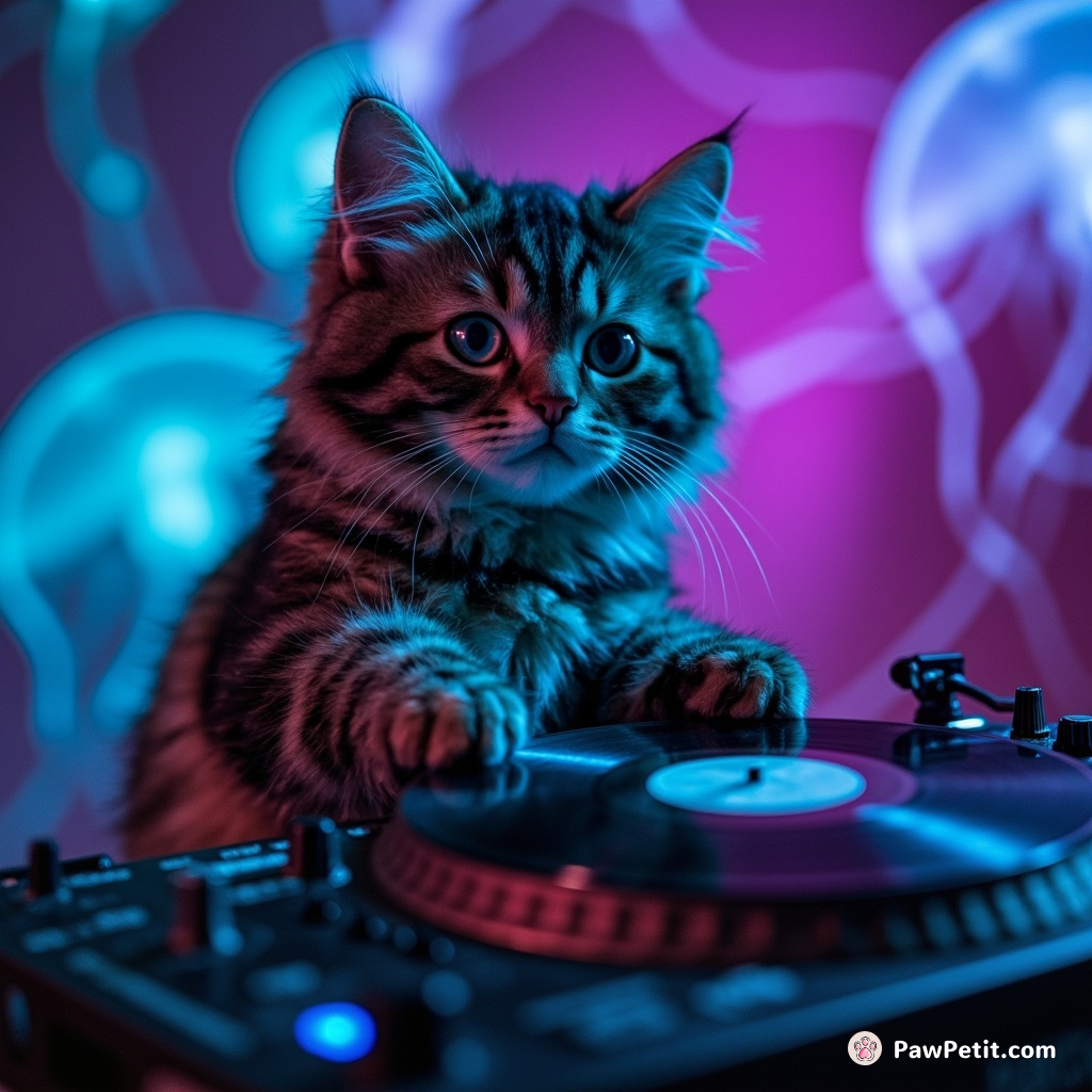A cyberpunk feline DJ spinning vinyl records made from moon cheese in a Martian club illuminated by bioluminescent jellyfish.