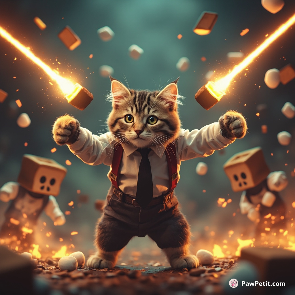 Cat referee buffering magic battles between flying toasters and sentient marshmallows.