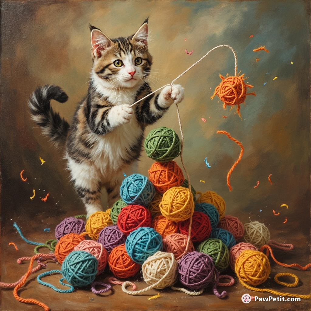 Cat leaps, swatting at string, toppling a tower of colorful yarn balls in a playful frenzy.