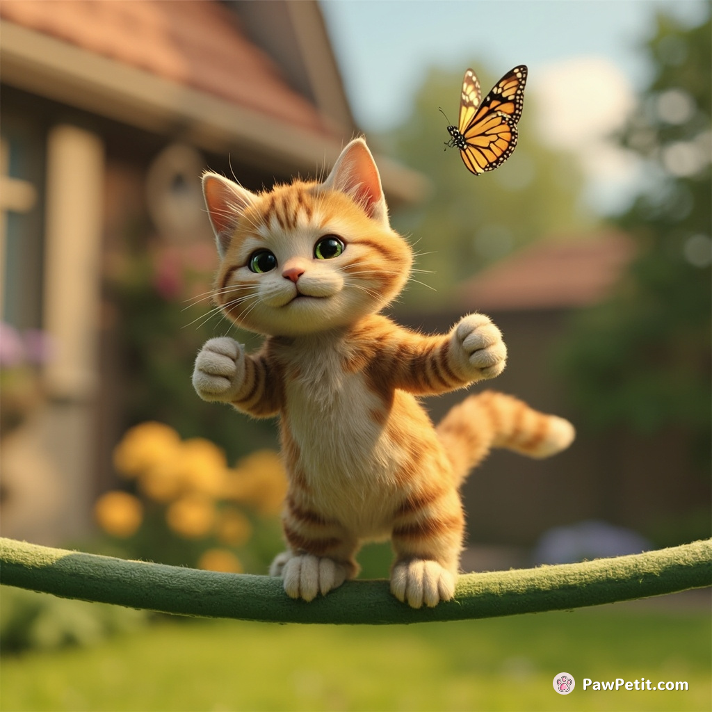 Whiskers the cat attempts tightrope walking on a garden hose, but ends up chasing a butterfly instead.