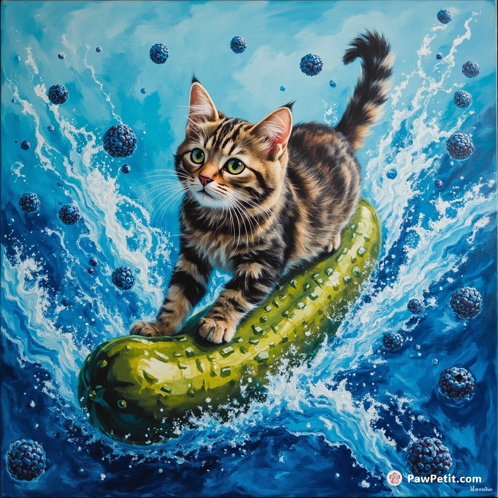 Cat surfing on a pickle through a sea of blue raspberry soda.