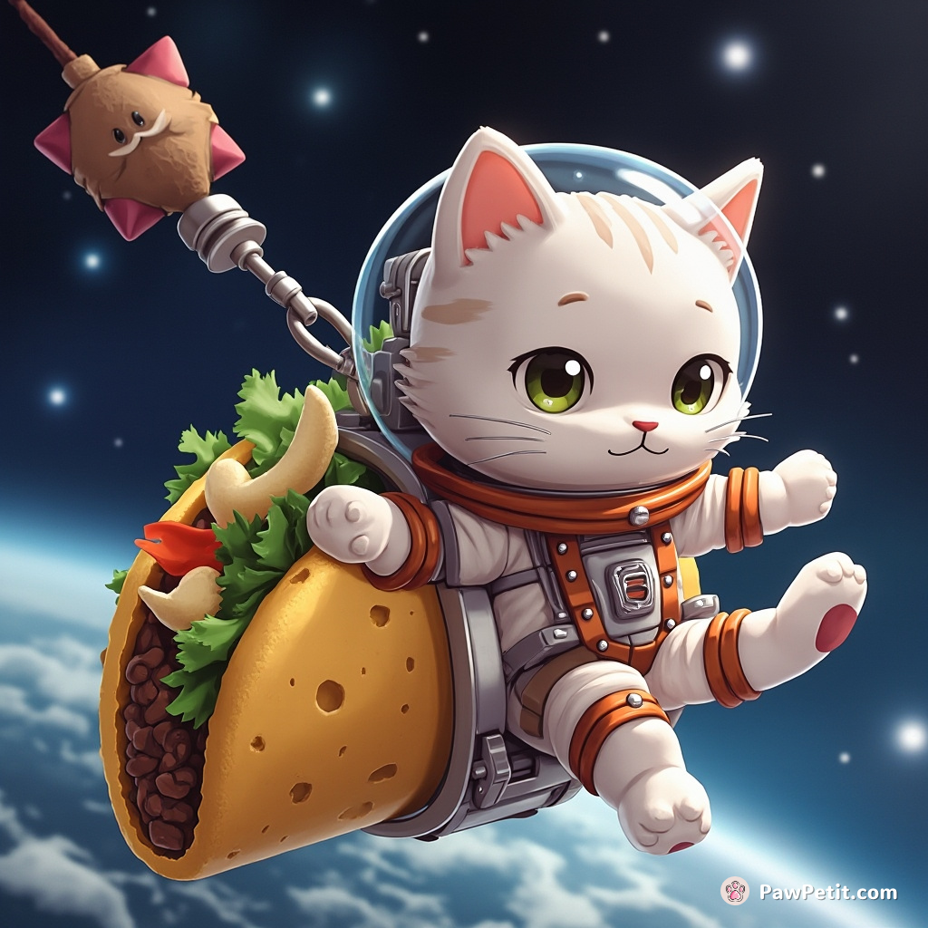 Cat bungee jumping from a taco in space with astronaut helmet.